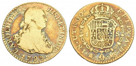 CARLOS IV (1788-1808). 1 Escudo. (Au 3,29g /18mm). 1799. Madrid MF. (Cal-2019-1117). BC/BC+.