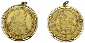 CARLOS IV (1788-1808). 8 Escudos. (Au. 30,92g/41mm). 1791. Popayán SF. Primer año de busto propio. (Cal-2019-1661). MBC. Engarzada.