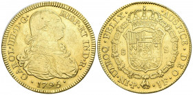 CARLOS IV (1788-1808). 8 Escudos. (Au. 26,88g/38mm). 1795. Popayán JF. (Cal-2019-1667). MBC. Restos de engarce en el canto a las 12h.