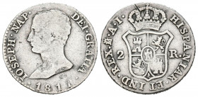 JOSÉ NAPOLEÓN (1808-1813). 2 Reales (Ar. 2,81g/20mm). 1811. Madrid AI. (Cal-2019-9). MBC-. Rara.