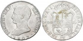 JOSÉ NAPOLEÓN (1808-1813). 20 Reales (Ar. 26,63g/40mm). 1809. Madrid AI. (Cal-2019-36). Águila grande. MBC.