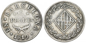 CATALUÑA NAPOLEÓNICA (1808-1814). 1 peseta. (Ar. 5,57g/ 26mm). 1810. Barcelona. (Cal-2019-34). MBC-/MBC.
