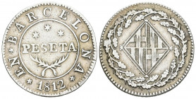 CATALUÑA NAPOLEÓNICA (1808-1814). 1 peseta. (Ar. 5,07g/ 26mm). 1812. Barcelona. (Cal-2019-36). MBC. Escasa.
