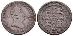 FERNANDO VII (1808-1833). 2 Maravedís (Ae. 3,18g/19mm). 1813. Jubia. Busto desnudo. (Cal-2019-125). MBC/MBC+. Rayitas en anverso. Escasa.
