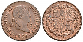 FERNANDO VII (1808-1833). 2 Maravedís. (Ae. 2,49g/21mm). 1827. Segovia. (Cal-2019-149). EBC. Punto de oxido en reverso. Precioso ejemplar con ligeros ...