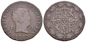 FERNANDO VII (1808-1833). 4 Maravedís (Ae. 4,93g/24mm). 1827. Jubia. Tipo Cabezón. (Cal-2019-166). MBC-. Escasa.