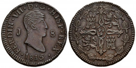 FERNANDO VII (1808-1833). 8 Maravedís. (Ae. 10,25/29mm). 1815. Jubia. Busto desnudo. (Cal-2019-193). EBC. Rotura de cuño en anverso. Precioso ejemplar...
