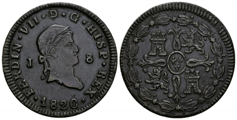 FERNANDO VII (1808-1833). 8 Maravedís. (Ae. 10,49/31mm). 1820. Jubia. Busto laur...