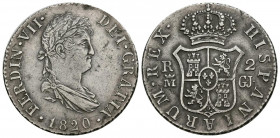FERNANDO VII ( 1808-1833). 2 Reales. (Ar. 5,97g/25mm). 1820. Madrid GJ. (Cal-2019-836). MBC+. Rayas en reverso.