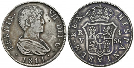 FERNANDO VII (1808-1833). 4 Reales. (Ar. 13,16/33mm). 1811. Valencia SG. (Cal-2019-1144). MBC+. Golpecito en anverso. Limpiada.