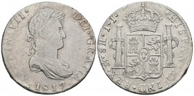 FERNANDO VII (1808-1833). 8 Reales. (Ar. 24,79g/38mm). 1817. México. JJ. (Cal-2019-1332). Busto laureado. MBC+ . Rayitas de limpieza. Escasa.