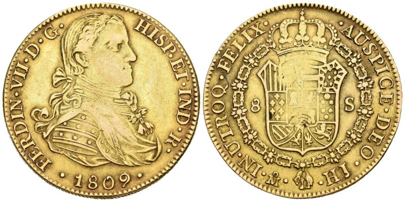 FERNANDO VII (1808-1833). 8 Escudos. (Au. 26,96g/37mm). 1809. México HJ. Busto i...