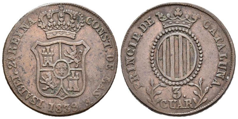 ISABEL II (1833-1868). 3 Cuartos (Ae. 7,12g/26mm). 1839. Barcelona. (Cal-2019-7)...