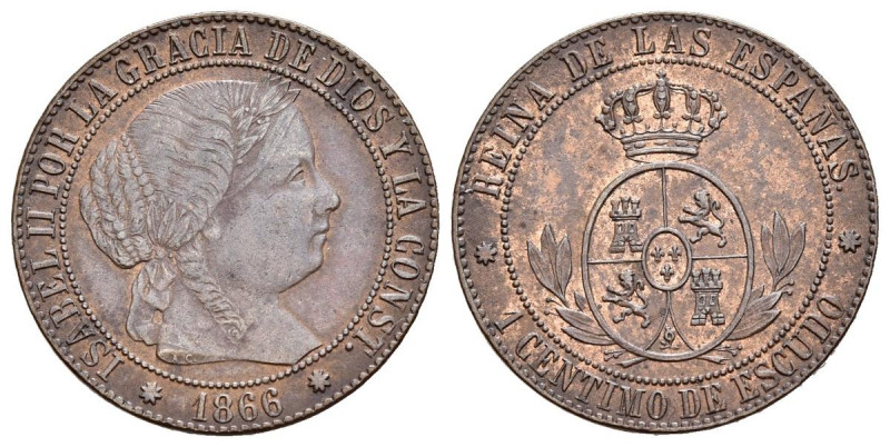 ISABEL II (1833-1868). 1 Céntimo de Escudo. (Ae. 2,43g/18mm). 1866. Barcelona. (...