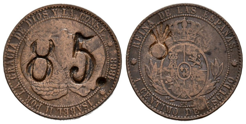 ISABEL II (1833-1868). 1 Céntimo de Escudo (Ae. 2,74g/19mm). 1868. Barcelona OM....