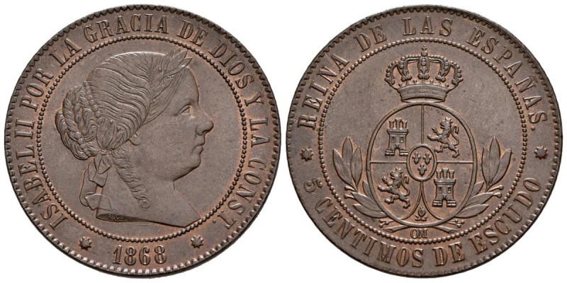 ISABEL II (1833-1868). 5 Céntimos de Escudo (Ae. 12,27g/32mm). 1868. Barcelona O...