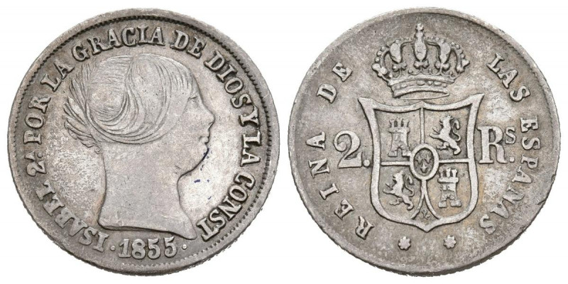 ISABEL II (1833-1868). 2 Reales. (Ar. 2,57g/18mm). 1855. Sevilla. (Cal-2019-394)...