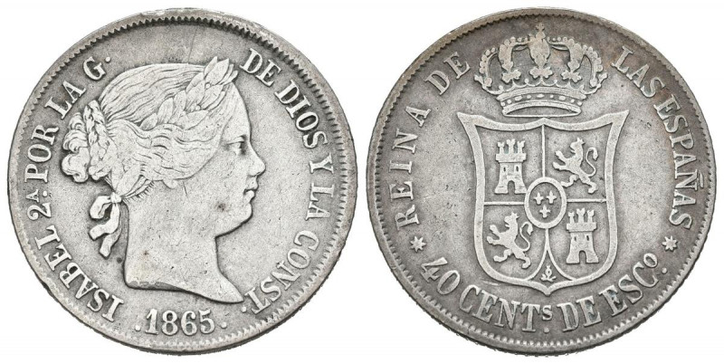 ISABEL II (1833-1868). 40 Céntimos de Escudo. (Ar. 5,07g/23mm). 1865. Sevilla. (...