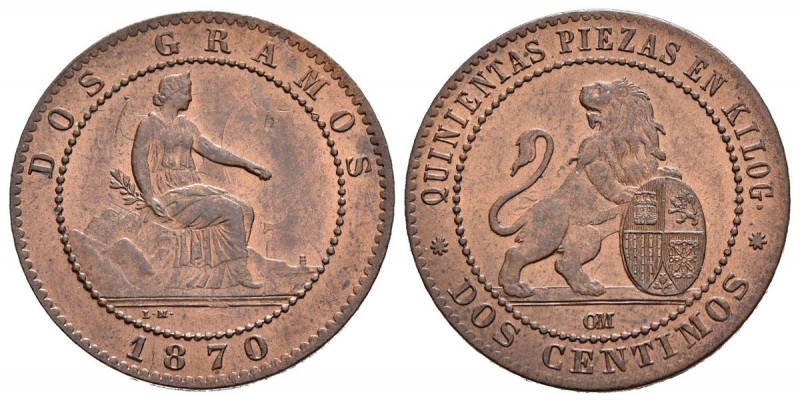 GOBIERNO PROVISIONAL (1868-1871). 2 Céntimos. (Ae. 2,03g/20mm). 1870. Barcelona....