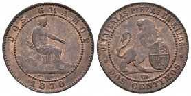 GOBIERNO PROVISIONAL (1868-1871). 2 Céntimos. (Ae. 2,04g/20mm). 1870. Barcelona OM. (Cal-2019-4). SC.