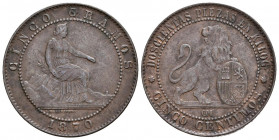 GOBIERNO PROVISIONAL (1868-1871). 5 Céntimos. (Ae. 4,90g/25mm). 1870. Barcelona. (Cal-2019-5). MBC+.