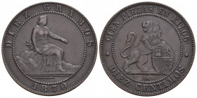 GOBIERNO PROVISIONAL (1868-1871. 10 Céntimos. (Ae. 9,80g/30mm). 1870. Barcelona. (Cal-2019-8). MBC/MBC+. Buen ejemplar.