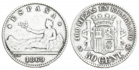 GOBIERNO PROVISIONAL (1868-1871). 50 Céntimos. (Ar. 2,40g/16mm). 1869 *69. Madrid SNM. (Cal-2019-13). MBC. Primera estrella no visible.