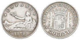 GOBIERNO PROVISIONAL (1868-1871). 50 Céntimos. (Ar. 2,41g/16mm). 1870 *70. Madrid SNM. (Cal-2019-15). MBC-. Estrellas visibles. Bonito tono.