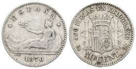 GOBIERNO PROVISIONAL (1868-1871). 50 Céntimos (Ar. 2,48g/18mm). 1870 *7-0. Madrid SNM. (Cal-2019-15). MBC-.