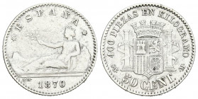 GOBIERNO PROVISIONAL (1868-1871). 50 Céntimos. (Ar. 2,46g/16mm). 1870 *70. Madrid SNM. (Cal-2019-15). MBC. Estrellas perfectamente visibles.