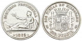 GOBIERNO PROVISIONAL (1868-1871). 1 Peseta. (Ar. 4,92g/23mm). 1869. Madrid SNM. (Cal-2019-16). Leyenda: GOBIERNO PROVISIONAL. MBC. Limpiada