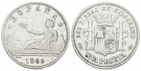 GOBIERNO PROVISIONAL (1868-1871). 1 Peseta. (Ar. 4,88g/23mm). 1869 *18-69. Madrid SNM. (Cal-2019-17). Leyenda: ESPAÑA. MBC-. Primera estrella no visib...