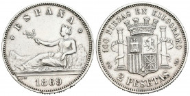 GOBIERNO PROVISIONAL (1868-1871). 2 Pesetas. (Ar. 9,91g/27mm). 1869 *18-69. Madrid SNM. (Cal-2019-22). MBC+. Limpiada. Buen ejemplar.