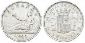 GOBIERNO PROVISIONAL (1868-1871). 2 Pesetas. (Ar. 9,93g/27mm). 1869 *18-69. Madrid SNM. (Cal-2019-22). MBC+/EBC-. Primera estrella floja. Bonita pieza...
