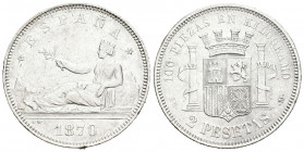 GOBIERNO PROVISIONAL (1868-1871). 2 Pesetas. (Ar. 9,90g/27mm). 1870 *18-70. Madrid SNM. (Cal-2019-24). EBC-. Marquitas.