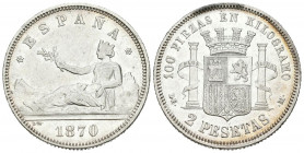 GOBIERNO PROVISIONAL (1868-1871). 2 Pesetas. (Ar. 10,00g/27mm). 1870 *18-73. Madrid DEM. (Cal-2019-28). MBC+.