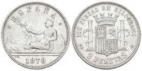 GOBIERNO PROVISIONAL (1868-1871). 2 Pesetas. (Ar. 9,92g/27mm). 1870 *18-73. Madrid DEM. (Cal-2019-28). MBC+.