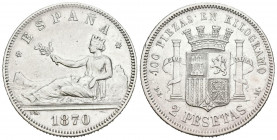 GOBIERNO PROVISIONAL (1868-1871). 2 Pesetas. (Ar. 9,98g/27mm). 1870 *18-74. Madrid DEM. (Cal-2019-31). MBC+. Marquitas.