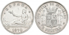 GOBIERNO PROVISIONAL (1868-1871). 2 Pesetas. (Ar. 9,82g/27mm). 1870 *18-75. Madrid DEM. (Cal-2019-33). MBC. Rayitas de limpieza.