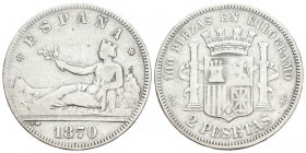 GOBIERNO PROVISIONAL. 2 Pesetas. (Ar. 9,78g/27mm). 1870 *75-18. Madrid DEM. (Cal-2019-34). MBC-. Hoja en anverso. Escaso ejemplar.