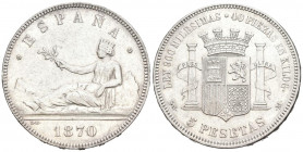 GOBIERNO PROVISIONAL (1868-1871). 5 Pesetas. (Ar. 24,87g/37mm). 1870 *18-70. Madrid SMN. (Cal-2019-39). MBC+.
