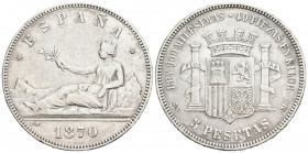 GOBIERNO PROVISIONAL. 5 Pesetas. (Ar. 24,85g/37mm). 1870 *18-18. Madrid SNM. (Cal-2019-40). MBC.