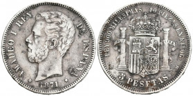 AMADEO I (1871-1873). 5 Pesetas. (Ar. 24,68g/37mm). 1871 *18-73. Madrid DEM. (¿Cal-2019-3?). MBC-. Segunda estrella manipulada.
