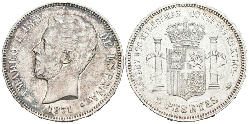 AMADEO I (1871-1873). 5 Pesetas. (Ar. 24,71g/37mm). 1871 *18-73. Madrid DEM. (Ca...