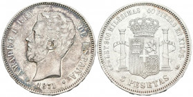 AMADEO I (1871-1873). 5 Pesetas. (Ar. 24,71g/37mm). 1871 *18-73. Madrid DEM. (Cal-2019-3). MBC+.