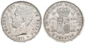 AMADEO I (1871-1873). 5 Pesetas. (Ar. 24,69g/37mm). 1871 *18-74. Madrid DEM/SDM. (Cal-2019-4). MBC.