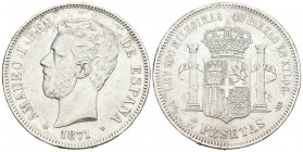 AMADEO I (1871-1873). 5 Pesetas. (Ar. 24,68g/37mm). 1871 *18-74. Madrid DEM. (Cal-2019-5). Acuñada bajo la I República. MBC.