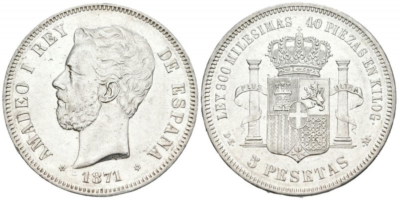 AMADEO I (1871-1873). 5 Pesetas. (Ar. 25,01g/37mm). 1871 *18-74. Madrid DEM. (Ca...