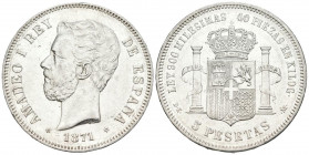 AMADEO I (1871-1873). 5 Pesetas. (Ar. 25,01g/37mm). 1871 *18-74. Madrid DEM. (Cal-2019-5). Acuñada bajo la I República. MBC+/EBC-. Restos de brillo or...