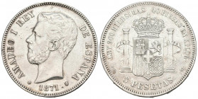 AMADEO I (1871-1873). 5 Pesetas. (Ar. 25,10g/37mm). 1871 *18-75. Madrid DEM. (Cal-2019-7). Acuñada bajo el reinado de Alfonso XII. MBC. Limpiada.